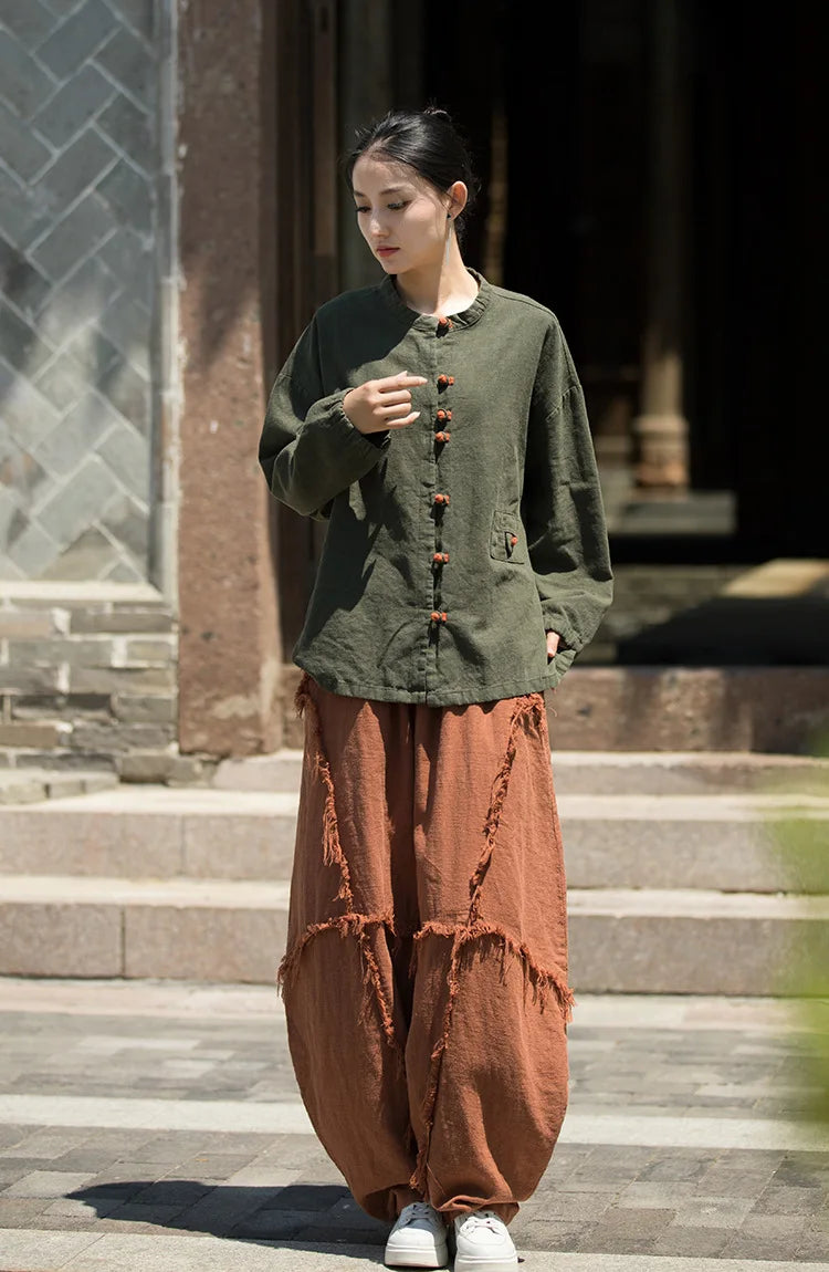 Cotton Linen Women's Literary Vintage Ramie Tops Shirt Women's Patchwork Colour Plate Button Lapel Cardigan Jacket Chinese Style