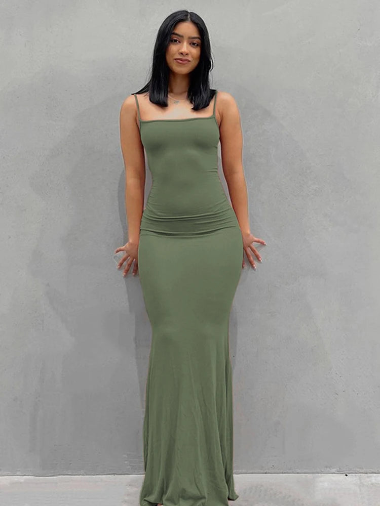 Women Backless Sexy Maxi Dress 2025 Spring Satin Slip Sleeveless Slim Party Concise Платье Female Bodycon Dress Elegant Clothing