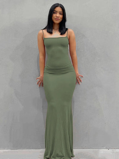 Women Backless Sexy Maxi Dress 2025 Spring Satin Slip Sleeveless Slim Party Concise Платье Female Bodycon Dress Elegant Clothing