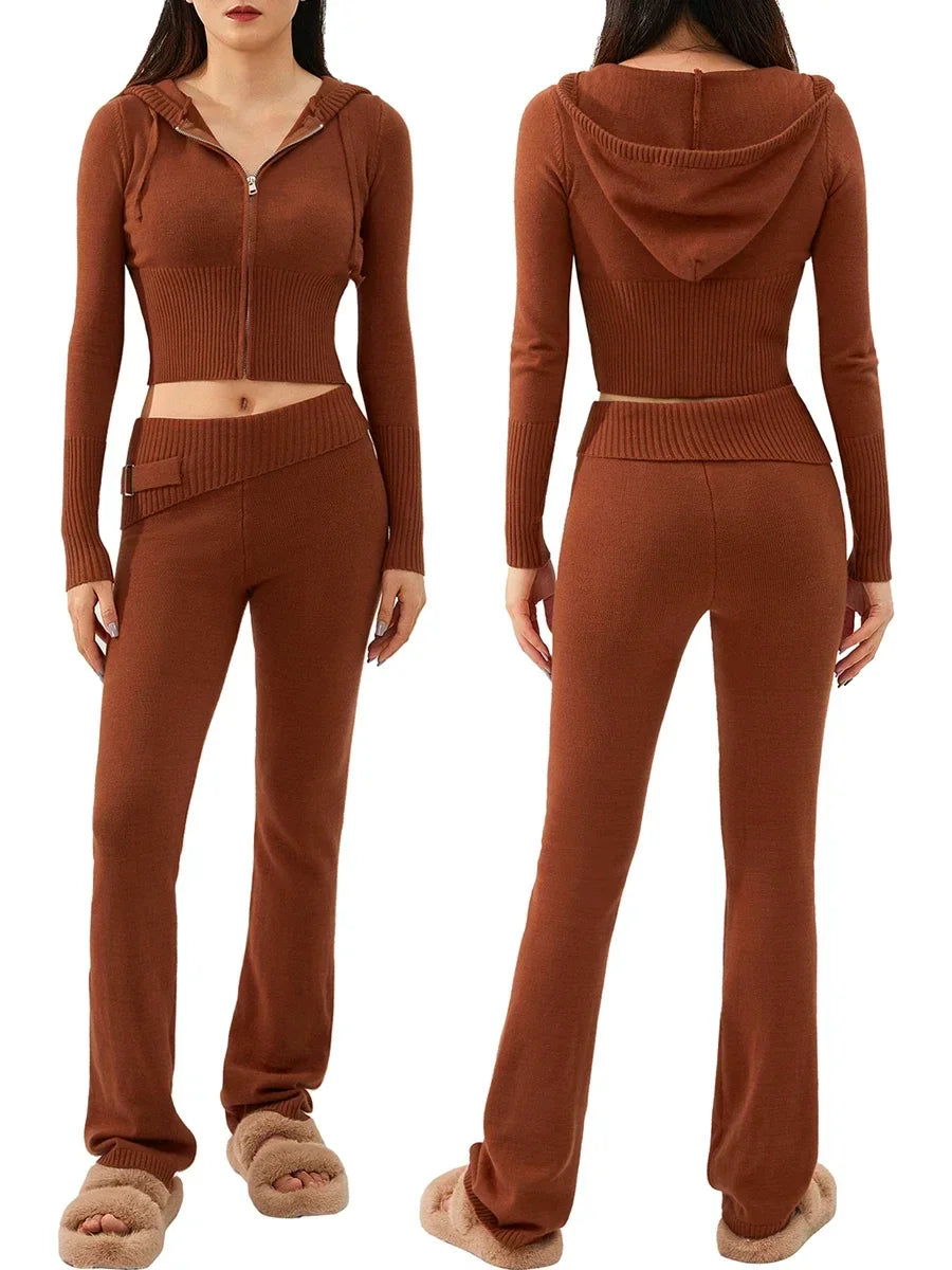 Women Tracksuit  Knit Lounge Set Long Sleeve Zip Up Hoodie with High Waist Wide Leg Pant 2 Piece Sweater Ensemble Casual Set
