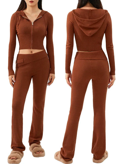 Women Tracksuit  Knit Lounge Set Long Sleeve Zip Up Hoodie with High Waist Wide Leg Pant 2 Piece Sweater Ensemble Casual Set