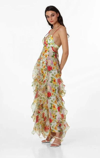 Summer Women Floral Print Party Dress Elegant New Fashion Strap V Neck High Waist Halter Corset Ruffle Evening Long Dress Robe