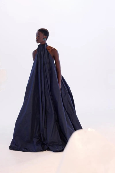 Modest Dark Navy Blue Taffeta Loose Robe Halter A-line Long Women Formal Party Dresses Female Maxi Dress