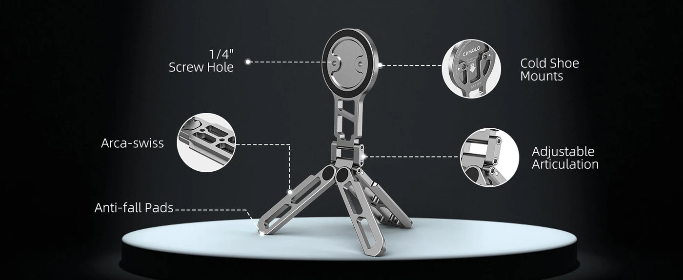 Magnetic Phone Holder Magsafe Tripod with Arca-Swiss Cold Shoe for Phone Vlog Foldable Desktop Phone Mount for Travel
