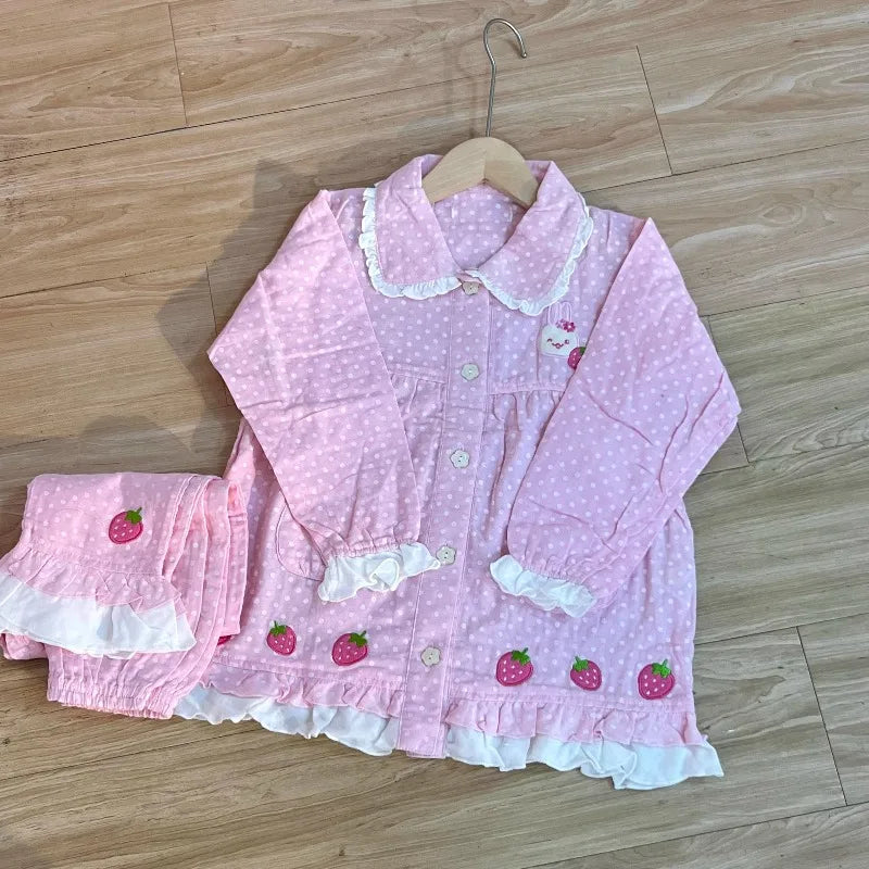 Spring Summer Women's Loungewear Cotton Yarn Pink Polka Dot Long-sleeved Top Fruit Print Sweet Short-sleeved Pajama Suit Female
