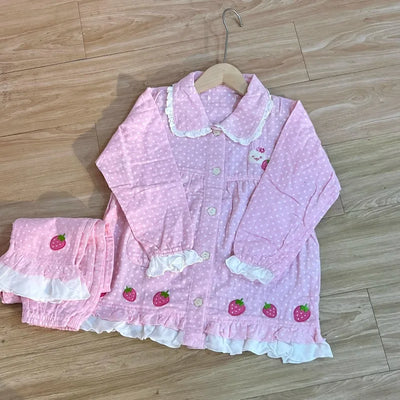Spring Summer Women's Loungewear Cotton Yarn Pink Polka Dot Long-sleeved Top Fruit Print Sweet Short-sleeved Pajama Suit Female