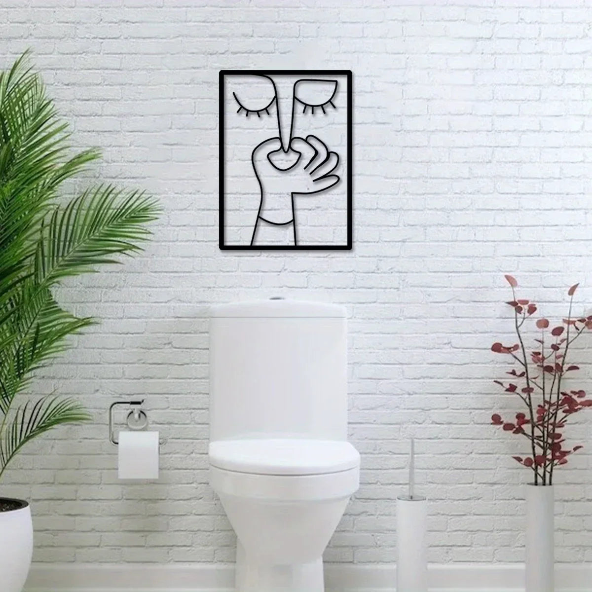 Metal Wall Art for Toilet: Funny Portrait with Minimal Line Art Design as Bathroom Sign & Restroom Decor