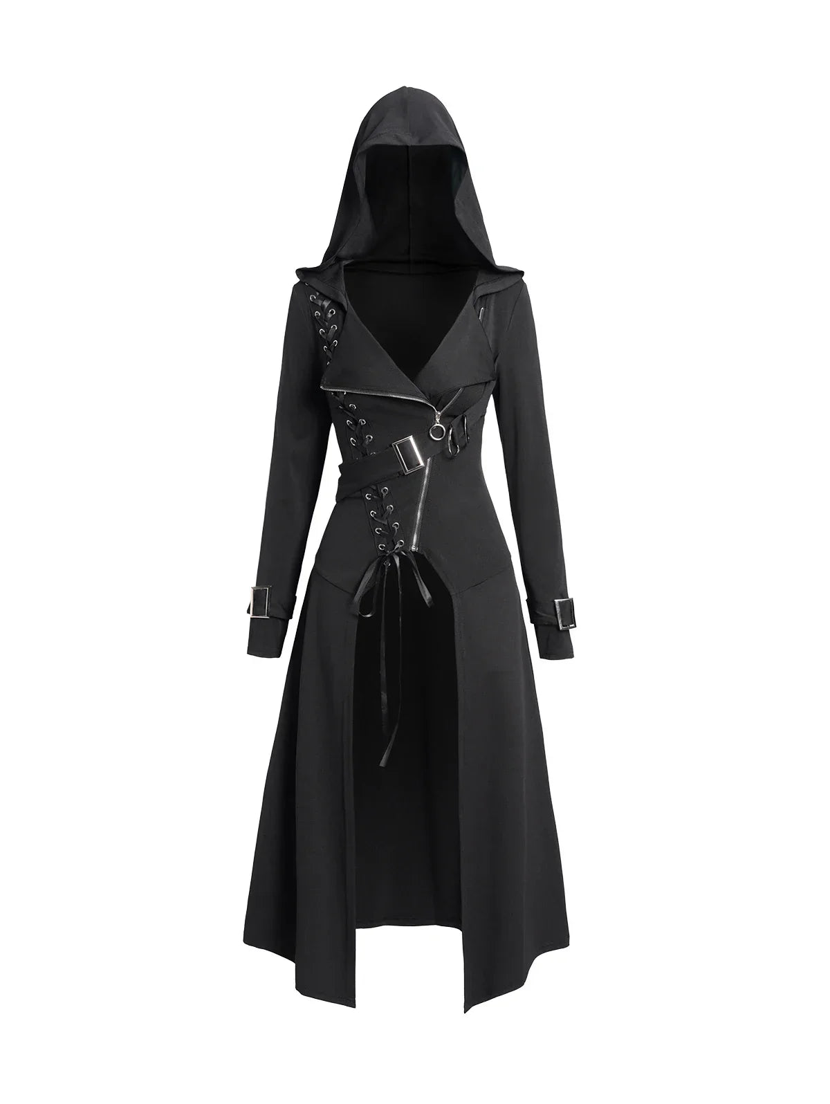 Dressfo 2024 New Women's Coats Punk Gothic Hooded Coat Plain Color Lace Up Zip Coat Black Tops Trench Coat Gabardina