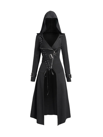Dressfo 2024 New Women's Coats Punk Gothic Hooded Coat Plain Color Lace Up Zip Coat Black Tops Trench Coat Gabardina