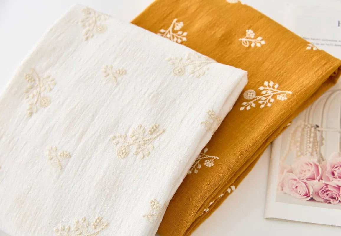 140x50cm Embroidered Slub Cotton Linen Fabric Clothing Sewing Fabric, Diy Women's Dress Forest Flower Cloth