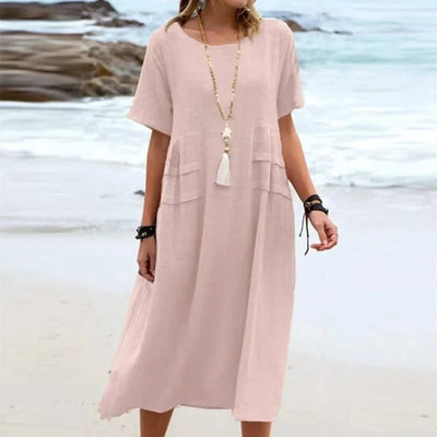 2025 Summer Fashion New Women's Elegant Long Cotton and Hemp Dress Round Neck Vacation Short Sleeve Medium Long Dress