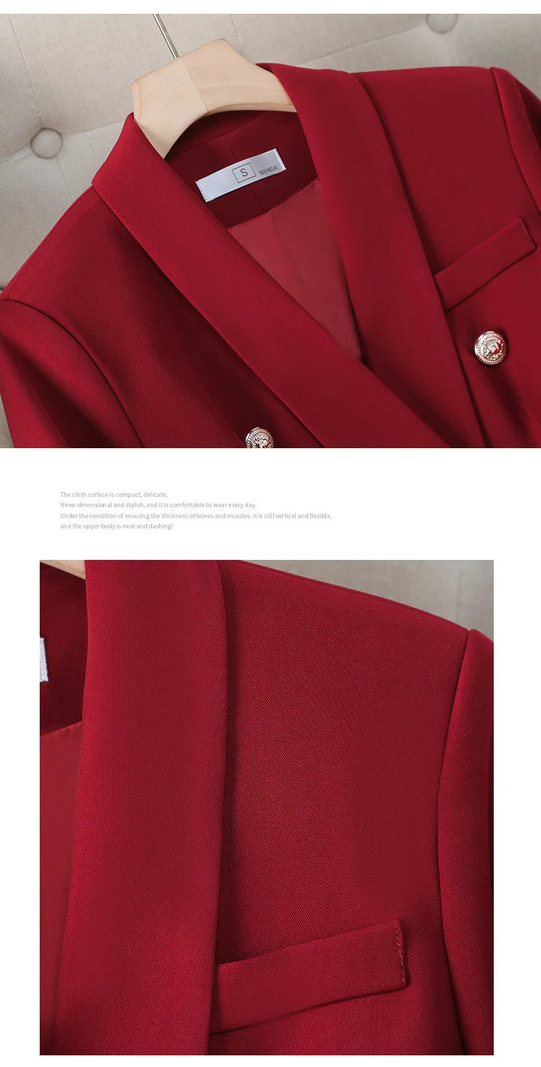 High Quality Suit Office Casual Two Piece Set Spring Autumn Women Double Breasted Blazers+Straight Zipper Trousers Women Outfit