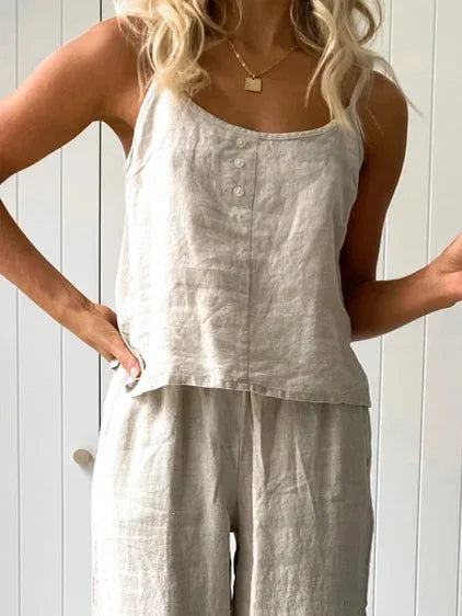 Cotton Linen Women's Suit Slip Vest Wide-leg Pants Suits Female Fashion Casual 2 Piece Sets Home Casual Clothes Ladies Sets 2025