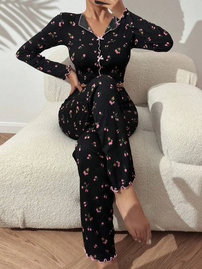 2PCS Loungewear Sleepwear Womens Lace Floral Printed Tops Pants Sets Nightwear Pajamas Lingeries Robes