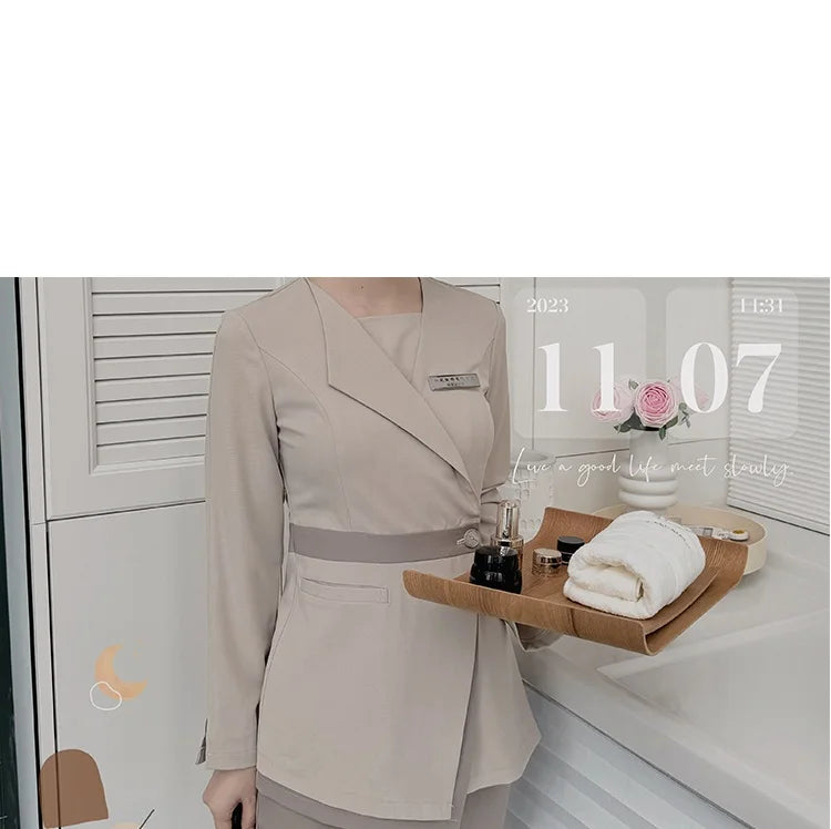 Women's Khaki SPA Uniform Set 2025 Spring/Autumn New Style Beauty Salon Front Desk Workwear Top And Pants Company Wholesale