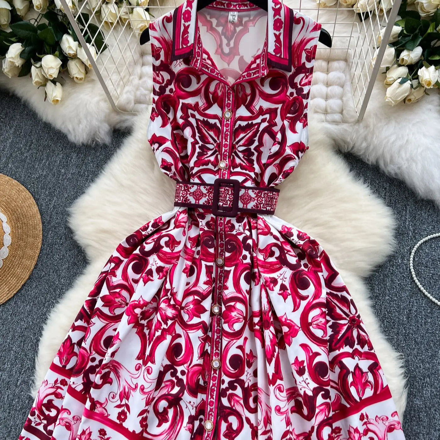 Summer Print Dress Women Sleeveless Elegant High Waist A-line Long Dresses for Women