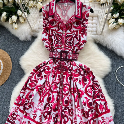 Summer Print Dress Women Sleeveless Elegant High Waist A-line Long Dresses for Women