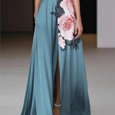 Summer Women Elegant  Print Dress Casual Fashion Round Neck Sleeveless Beach Vacation Dresses