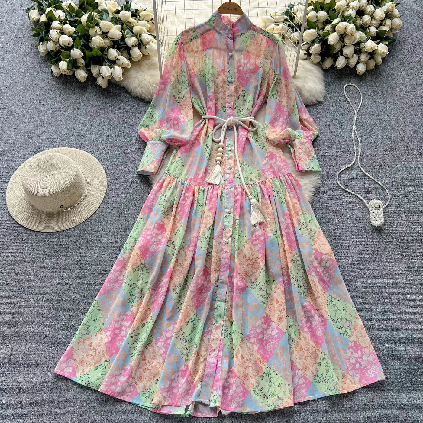 Long Dress Women Dresses A Line Chiffon Vestidos Stand Collar Streetwear Floral Print Elegant Splice Y2k Party Night High Waist
