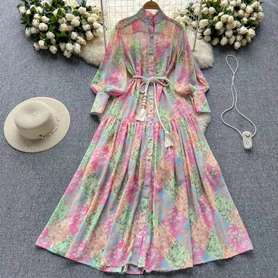 Long Dress Women Dresses A Line Chiffon Vestidos Stand Collar Streetwear Floral Print Elegant Splice Y2k Party Night High Waist