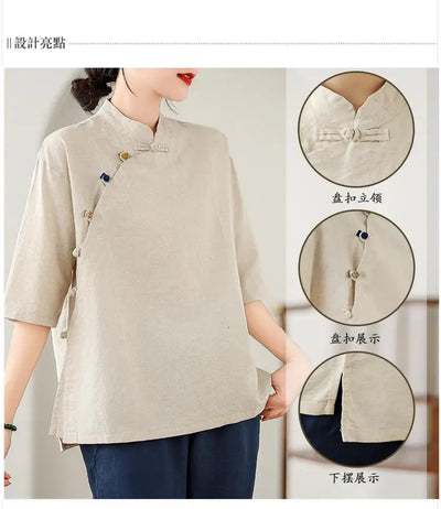 New Women's Retro Cotton Linen Short-sleeved Shirt with Diagonal Placket and Stand-up Collar Tea Top