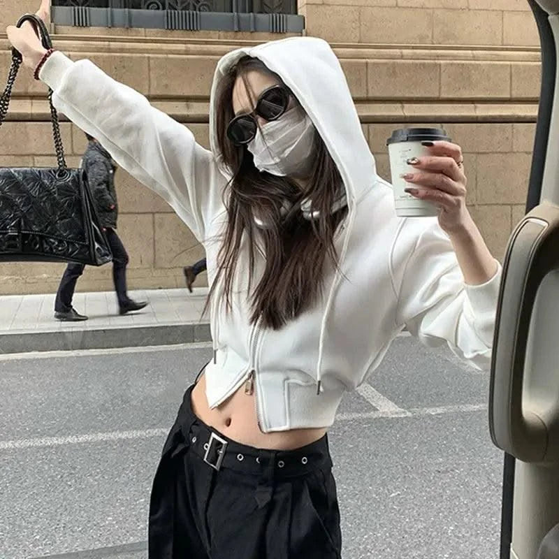 Casual Short Hooded Sweatshirt Women Zip Up Hoodies Mujer Solid Harajuku Long Sleeve Slim fit Crop Top Female Jackets Coat