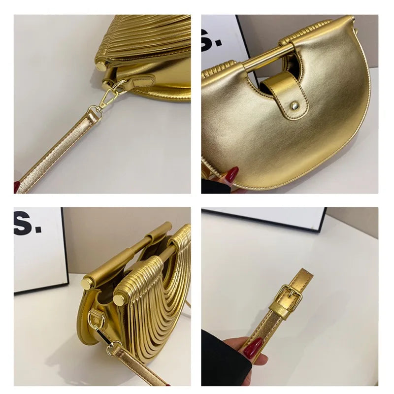 Handbags for Women 2025 New Gold Luxury Designer Brand Handwoven Noodle Bags Rope Knotted Pulled Half Moon Silver Evening Clutch