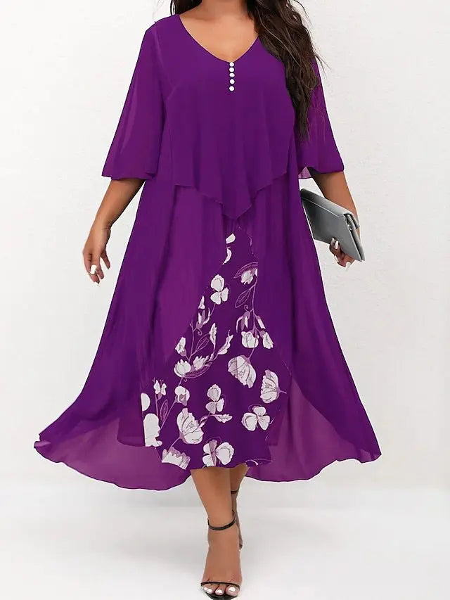 Summer Plus Size Dresses For Women New Casual Patchwork Flower Print Long Sleeve Dress Retro Elegant Female Dresses