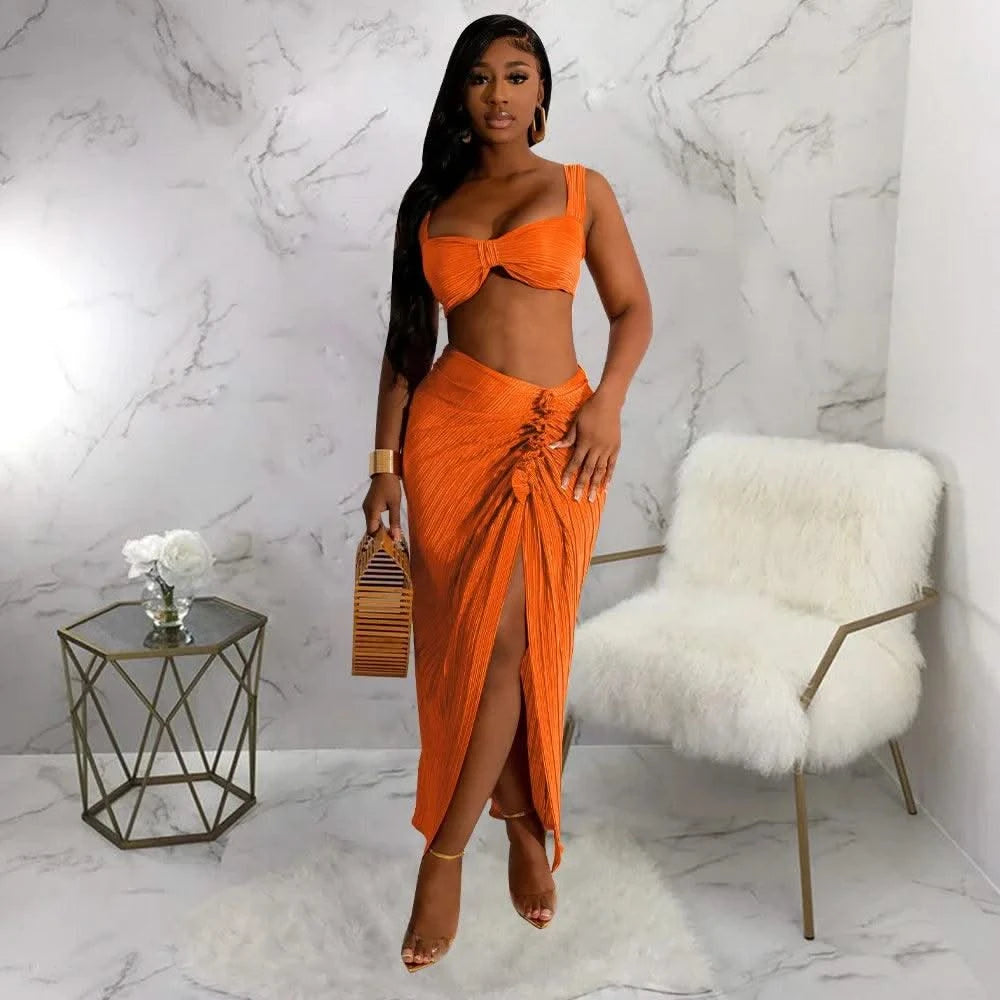 Women Two Pieces Set Sexy Backless Halter Top and High Waist Side Slit