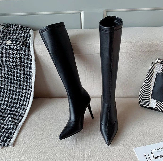 Women's Boots Elegant Heeled Long Footwear Winter Knee High Shaft Heels Shoes for Woman Pointed Toe Tassel Chic Fashion 2024 Hot