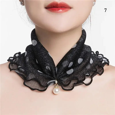 Women Ruffle Lace Scarf Pearl Pendant Chiffon Scarves Shiny Headscarf Thin High Elasticity Neck Wrap Organza Neck Collar Scarf