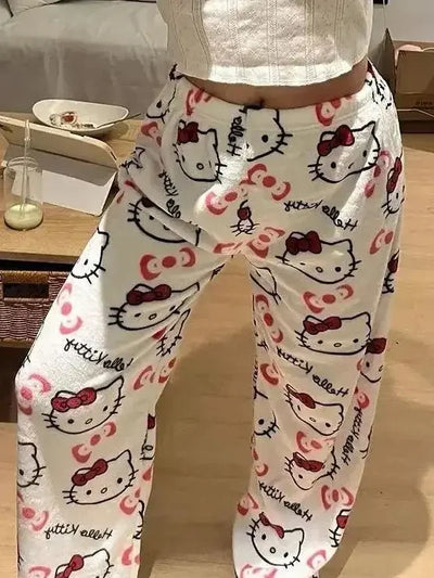 Thicken Hello Kitty Pajama Pants Sanrio Anime Fleece Double Elastic Fabric Soft Trousers Women Trousers Cartoon Birthday Gift