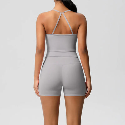 2PCS Sportswear With Pocketed Yoga Set Gym Clothes Yoga Suits For Women Tracksuits Sports Shorts Crossover Bra Gym Leggings