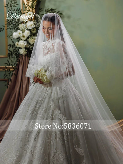 Detmgel New Classic Ball Gown Wedding Dresses Simple Full Sleeve O-Neck Dot Lace Button Court Train Vestido De Novia Customized