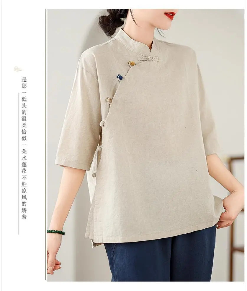New Women's Retro Cotton Linen Short-sleeved Shirt with Diagonal Placket and Stand-up Collar Tea Top