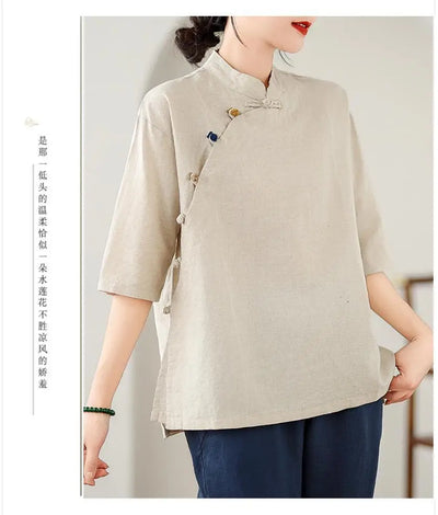 New Women's Retro Cotton Linen Short-sleeved Shirt with Diagonal Placket and Stand-up Collar Tea Top