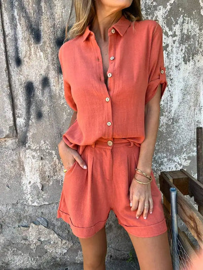 Women Casual Two Piece Outfits Short Sleeve Button Down Oversized Shirts and Drawstring Shorts Sets Summer Loungewear Streetwear