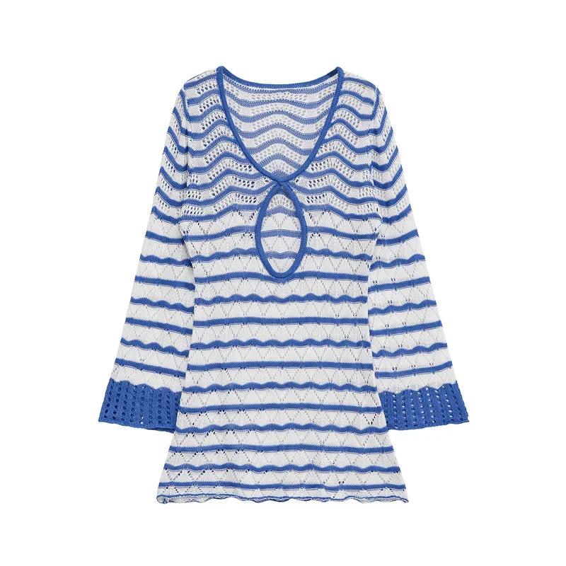 Women's dress 2025 summer new style  blue and white color-blocked striped long-sleeve mini dress with sexy hollow design