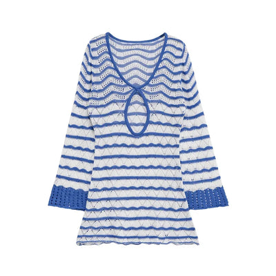 Women's dress 2025 summer new style  blue and white color-blocked striped long-sleeve mini dress with sexy hollow design