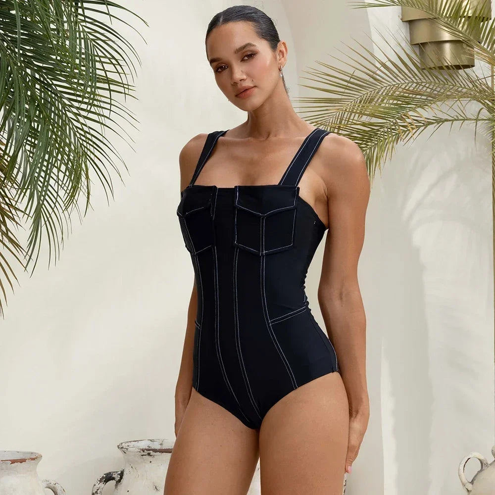FLAXMAKER Pockets One Piece Swimsuit and Pants Women Swimwear Bodysuit Dress
