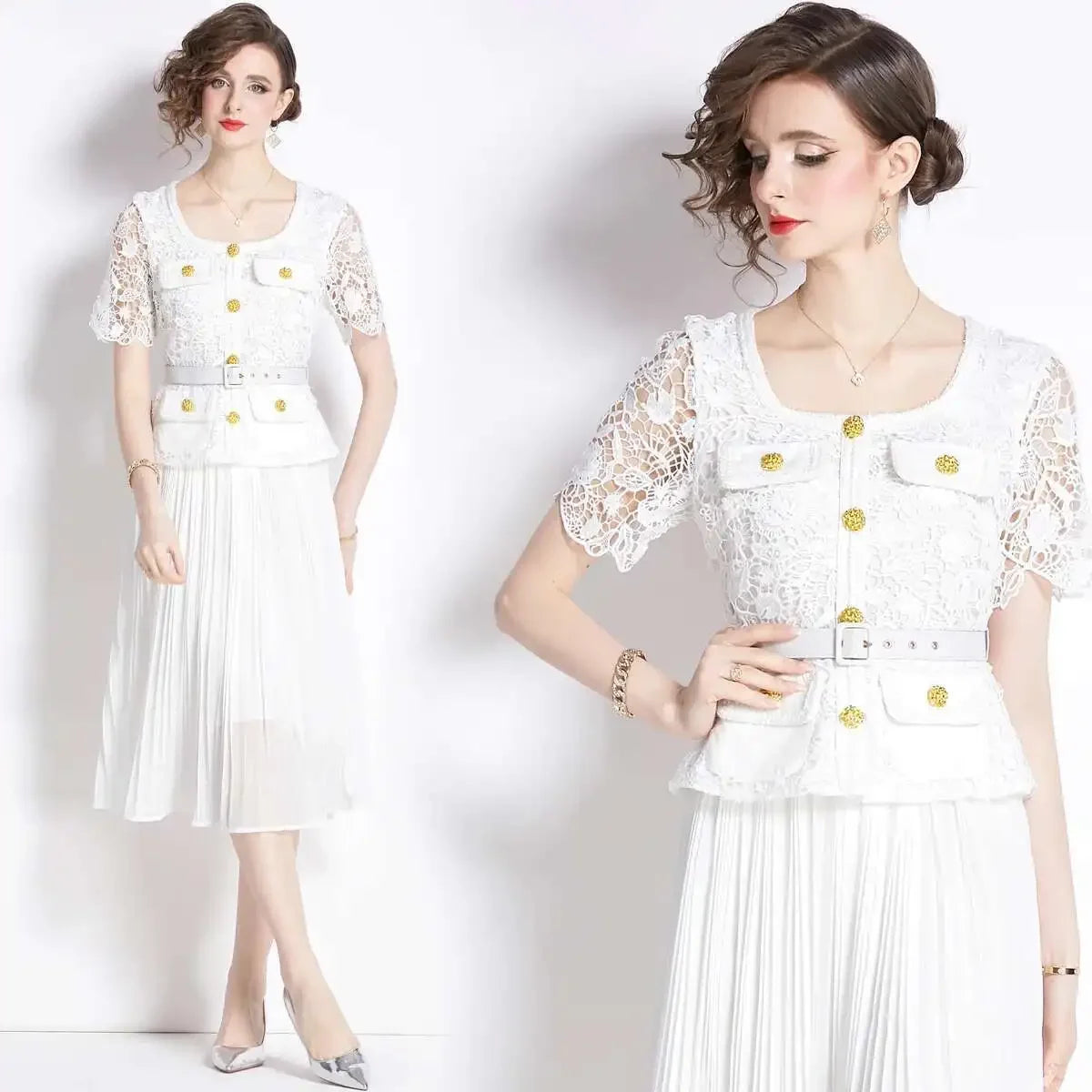 Luxury Evening Dress Women Summer Vacation Short Sleeve Pleated Lace Chiffon Long Dresses White Single Breasted Midi Party Robe
