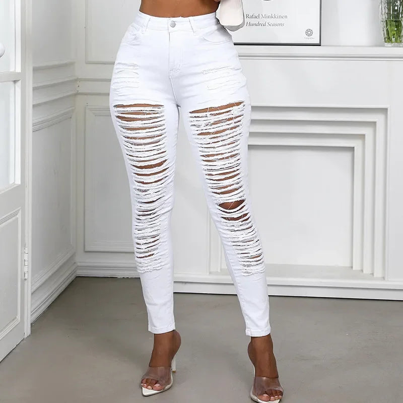 Women's Spring and Fall Fashion Elastic Ripped Jeans Women Casual Close-fitting High-waisted Denim Small Leg Pants Pencil Pants