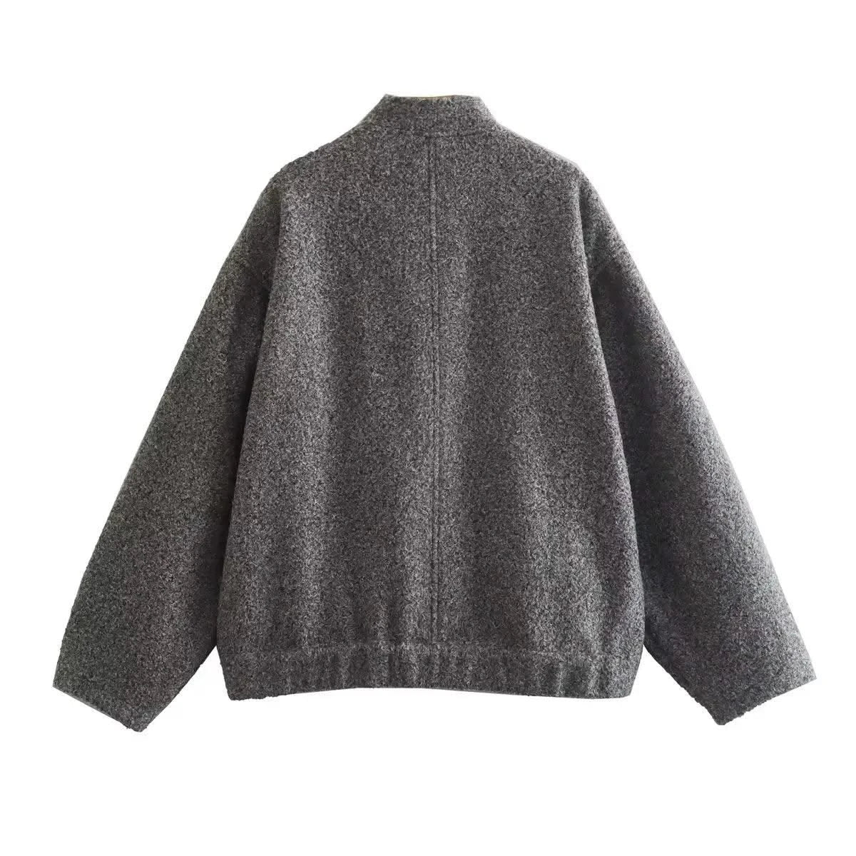 Woman's Oversized Bomber Jacket Autumn New Round Neck Long Sleeve Pocket Hidden Button Loose Jackets Coat Female Outerwear