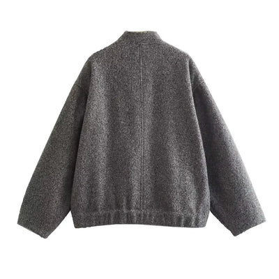 Woman's Oversized Bomber Jacket Autumn New Round Neck Long Sleeve Pocket Hidden Button Loose Jackets Coat Female Outerwear