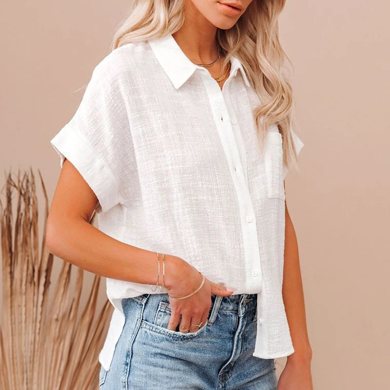 Women's Cotton Linen Shirt Short Sleeves Casual Tops Elegant Blouses Summer Shirts for Women 21929