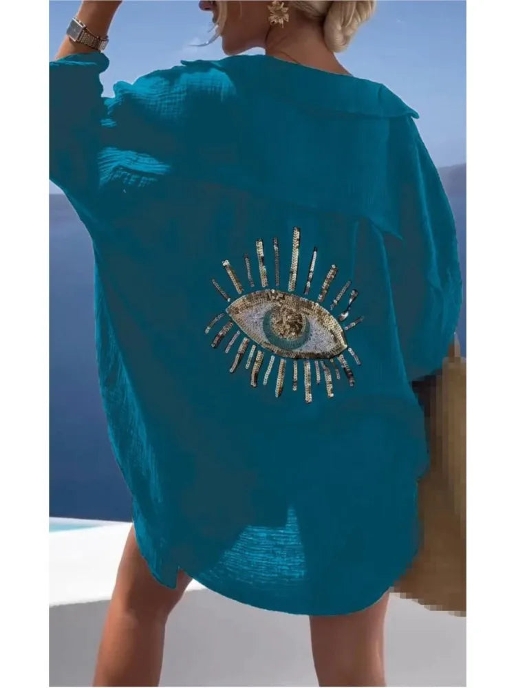 Women's Clothing 2024 Spring Summer New Fashion Eye Print Lapel Long Sleeved Cotton Linen Casual Fashion Button Up Shirt