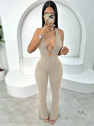 Joskaa Knitted Halter Backless Jumpsuit Women Sexy Deep V-Neck Bow Sleeveless Skinny Overalls 2025 Fitness Sportswear Clubwear