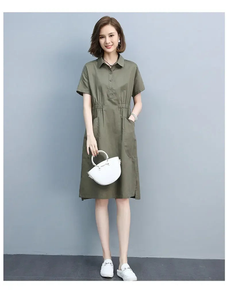 Summer Vintage Dresses for Women 2024 New Casual Loose Cotton Polo Collar Short Sleeve Office Lady Pleated Dresses Vestidos