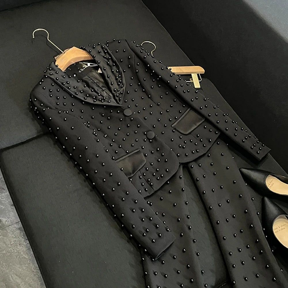 TWOTWINSTYLE Spliced Pearl Solid Two Piece Sets For Women Lapel Long Sleeve Top High Waist Pants Elegant Set Female KSE534390