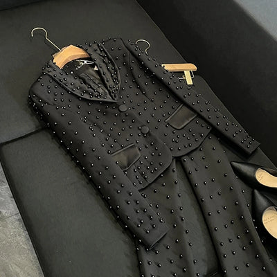TWOTWINSTYLE Spliced Pearl Solid Two Piece Sets For Women Lapel Long Sleeve Top High Waist Pants Elegant Set Female KSE534390